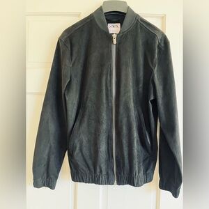 Zara Faux Suede Black Bomber Zip Track Jacket Pockets EUC